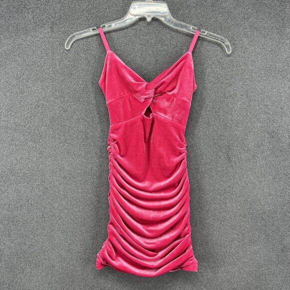 KatieJ NYC Dress Girls Large Pink Velvet Ruched Bodycon Mini Knot Front Cutout - Picture 1 of 16